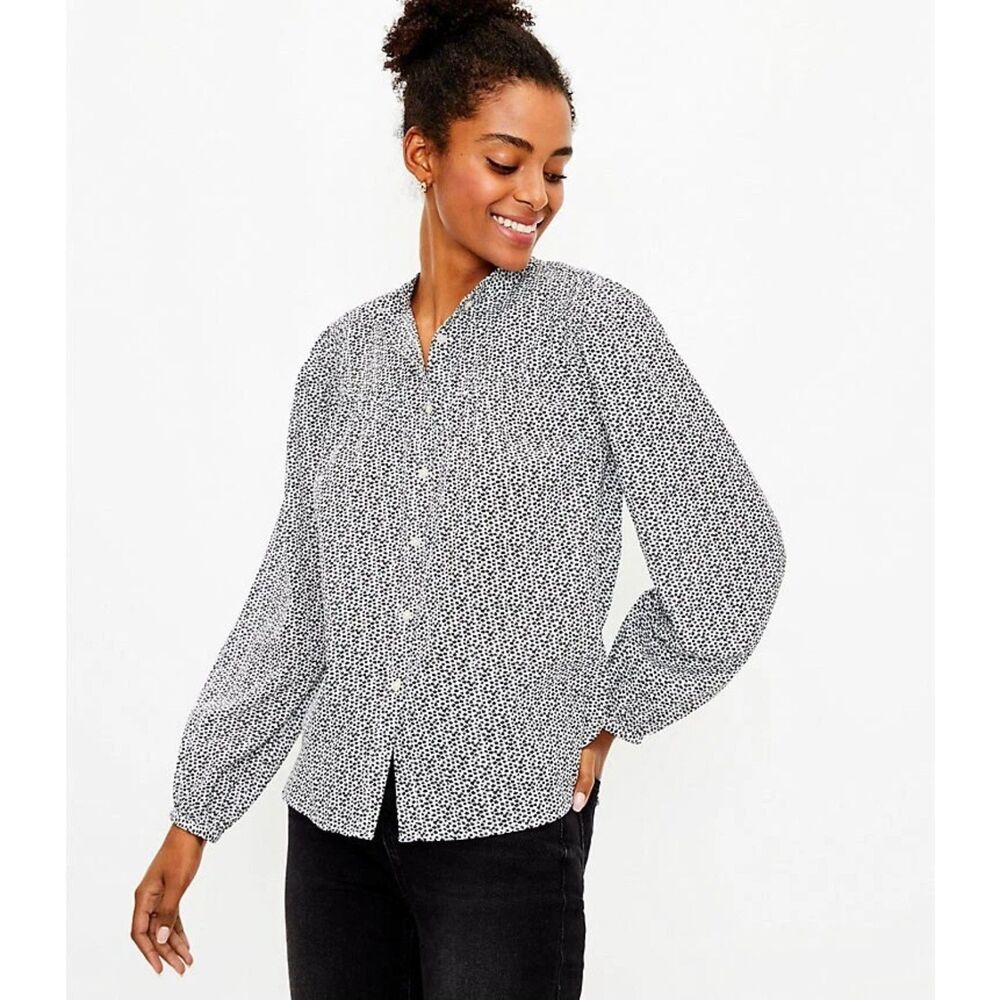 Loft Shimmer Blouse Black & White Silver Thread Long Sleeve Size L